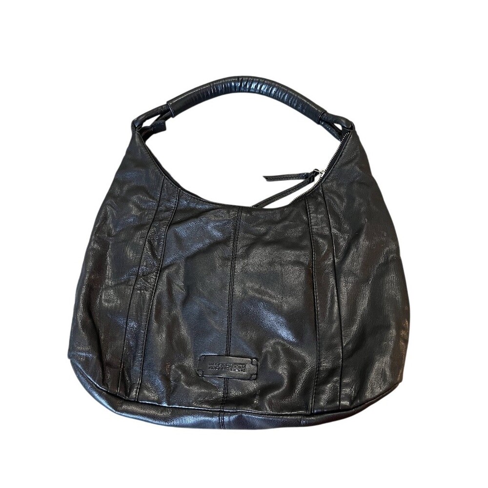 Andrew Marc Hobo Shoulder Bag Womens Black Braided Trim Dual Zip